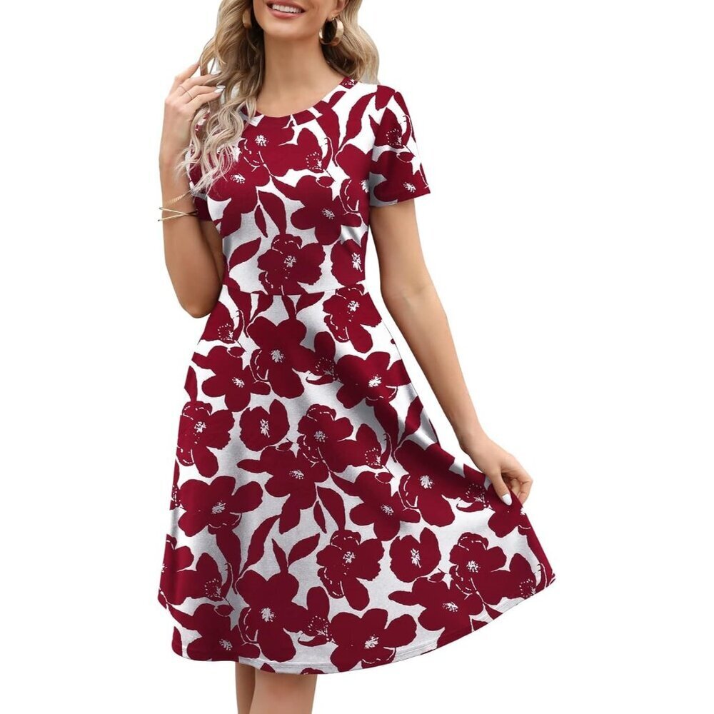 Women Burgundy White Elegant Knee Length Vintage A-Line Swing Dress with Pockets